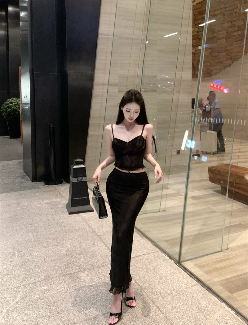 Sling sexy short skirt slim tops 2pcs set for women
