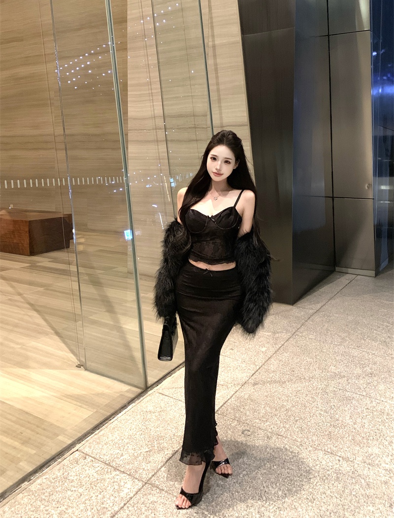 Sling sexy short skirt slim tops 2pcs set for women