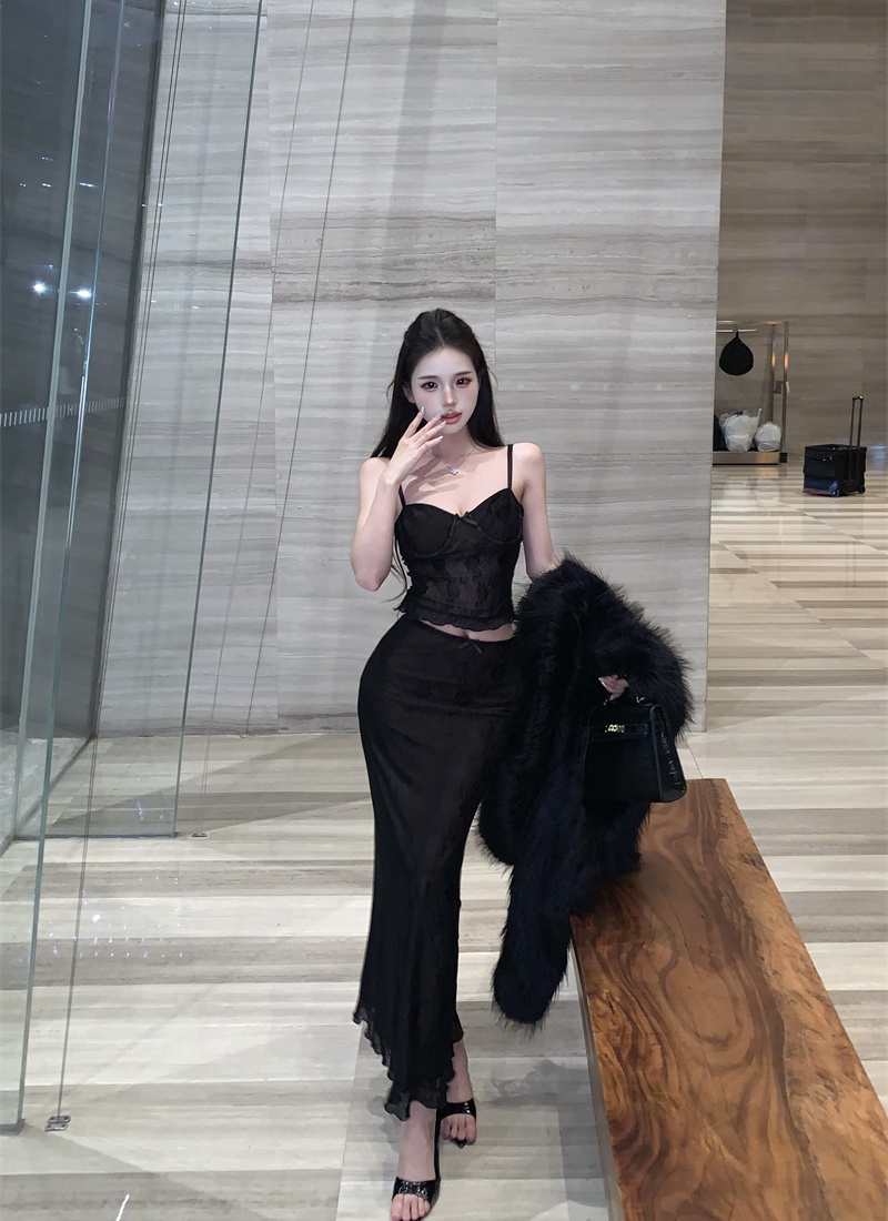 Sling sexy short skirt slim tops 2pcs set for women