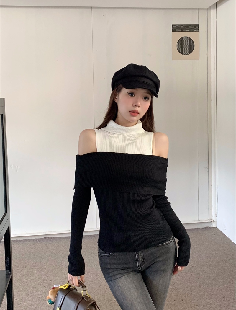 High collar knitted tops strapless slim sweater