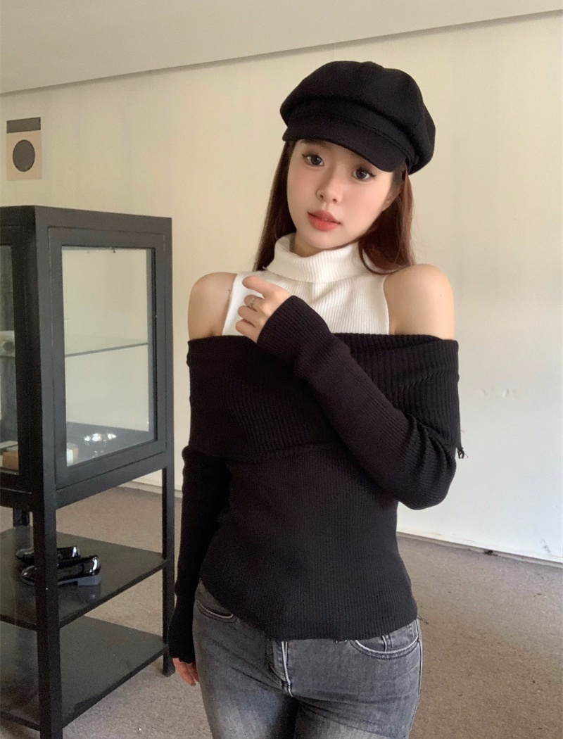 High collar knitted tops strapless slim sweater