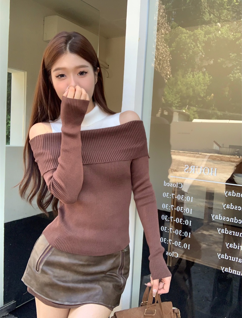 High collar knitted tops strapless slim sweater