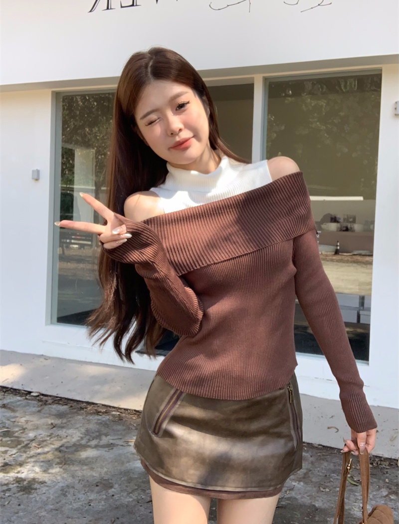 High collar knitted tops strapless slim sweater