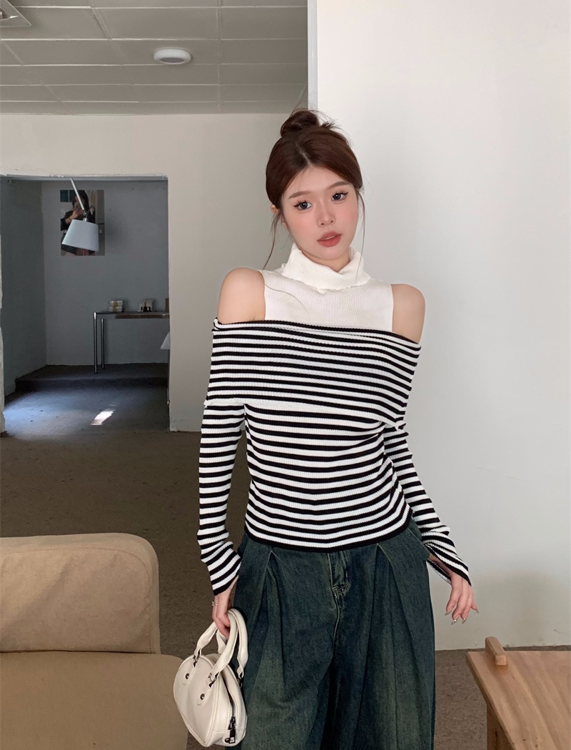 High collar knitted tops strapless slim sweater