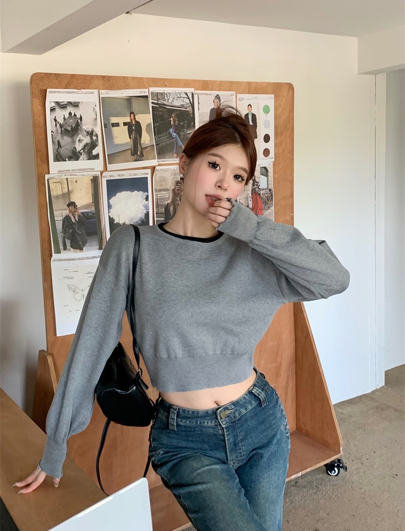 Short round neck loose long sleeve mixed colors tops