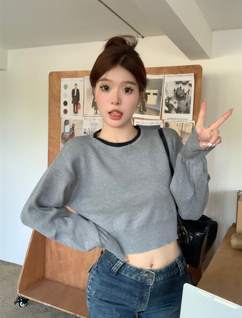 Short round neck loose long sleeve mixed colors tops