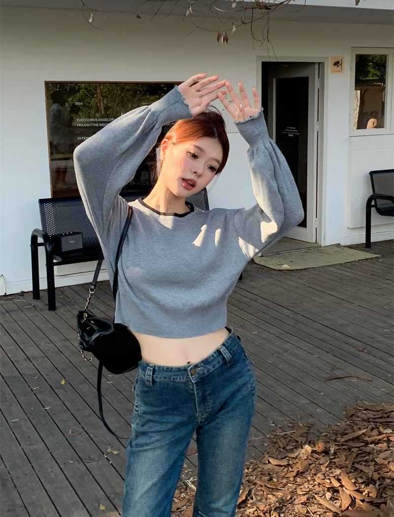 Short round neck loose long sleeve mixed colors tops