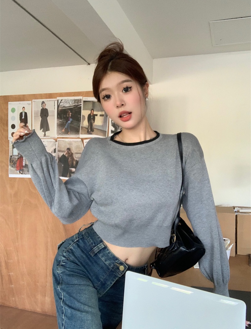 Short round neck loose long sleeve mixed colors tops