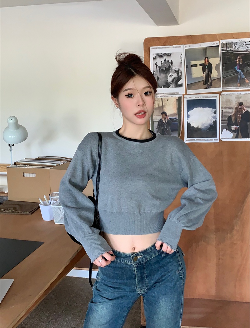 Short round neck loose long sleeve mixed colors tops