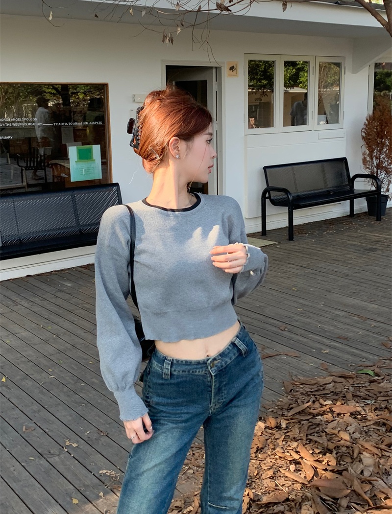 Short round neck loose long sleeve mixed colors tops