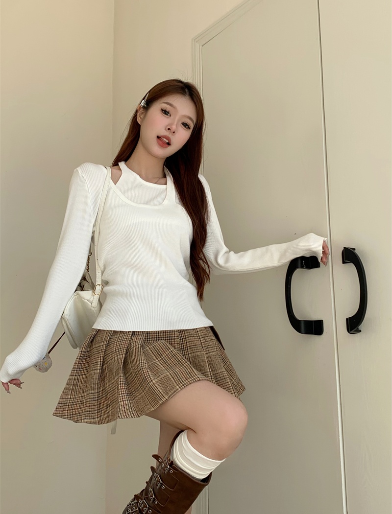 Pseudo-two long sleeve sweater enticement tops