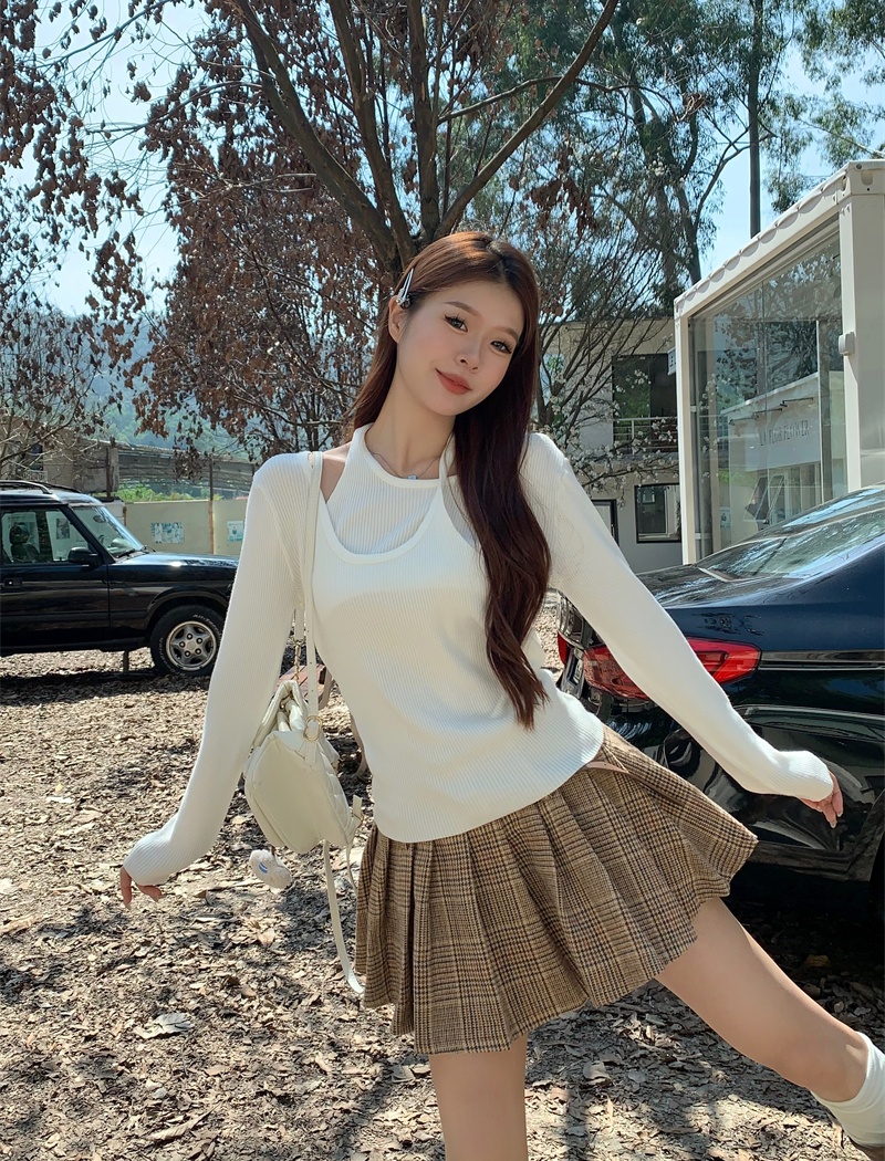 Pseudo-two long sleeve sweater enticement tops