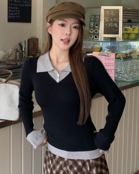 Mixed colors slim sweater lapel bottoming shirt for women