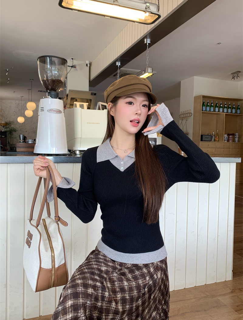 Mixed colors slim sweater lapel bottoming shirt for women