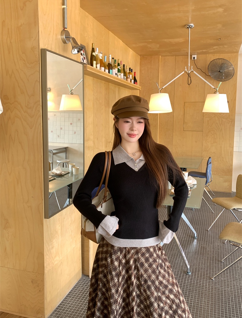 Mixed colors slim sweater lapel bottoming shirt for women