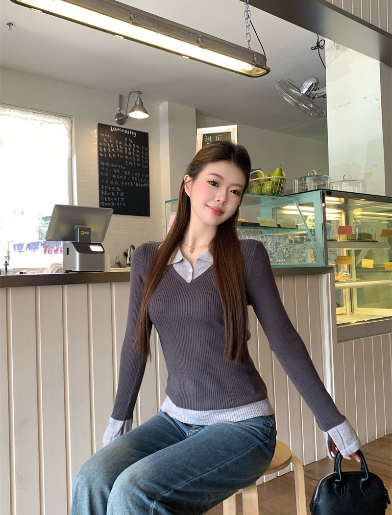 Mixed colors slim sweater lapel bottoming shirt for women