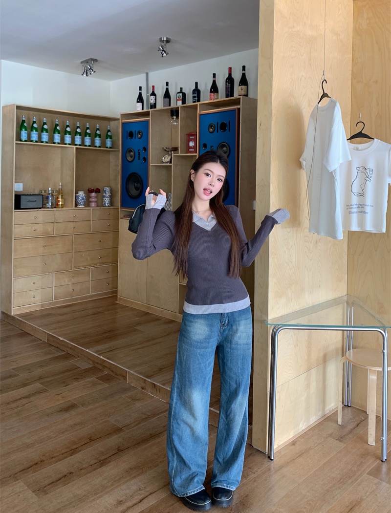 Mixed colors slim sweater lapel bottoming shirt for women