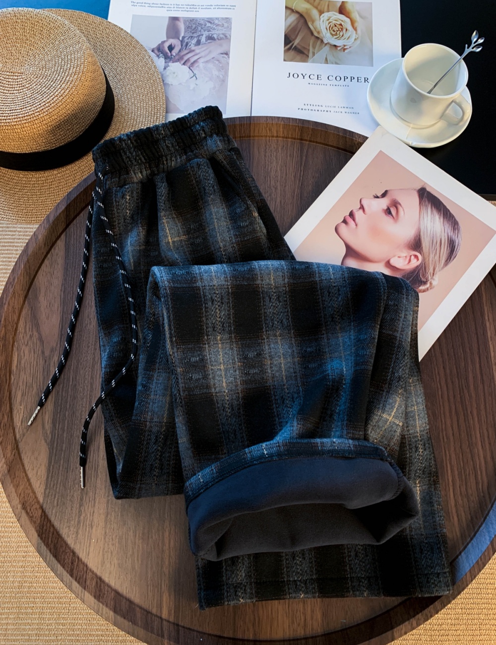 High waist loose wide leg pants thick plaid casual pants for women