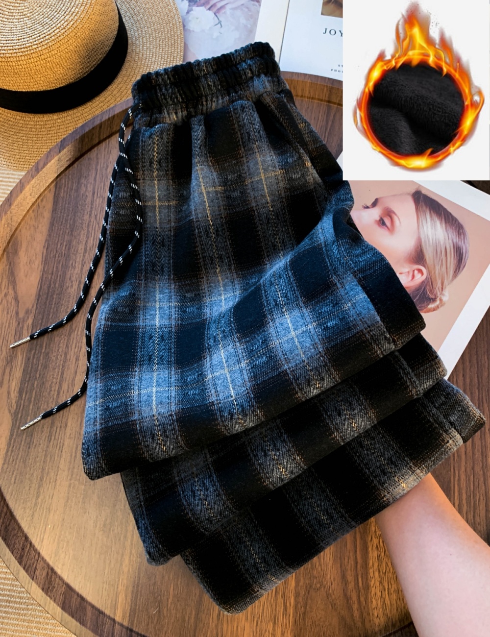 High waist loose wide leg pants thick plaid casual pants for women