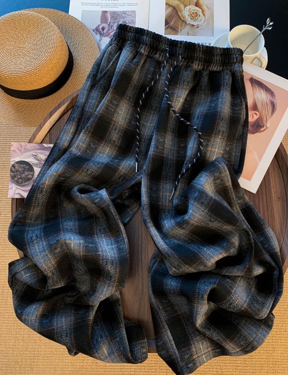 High waist loose wide leg pants thick plaid casual pants for women