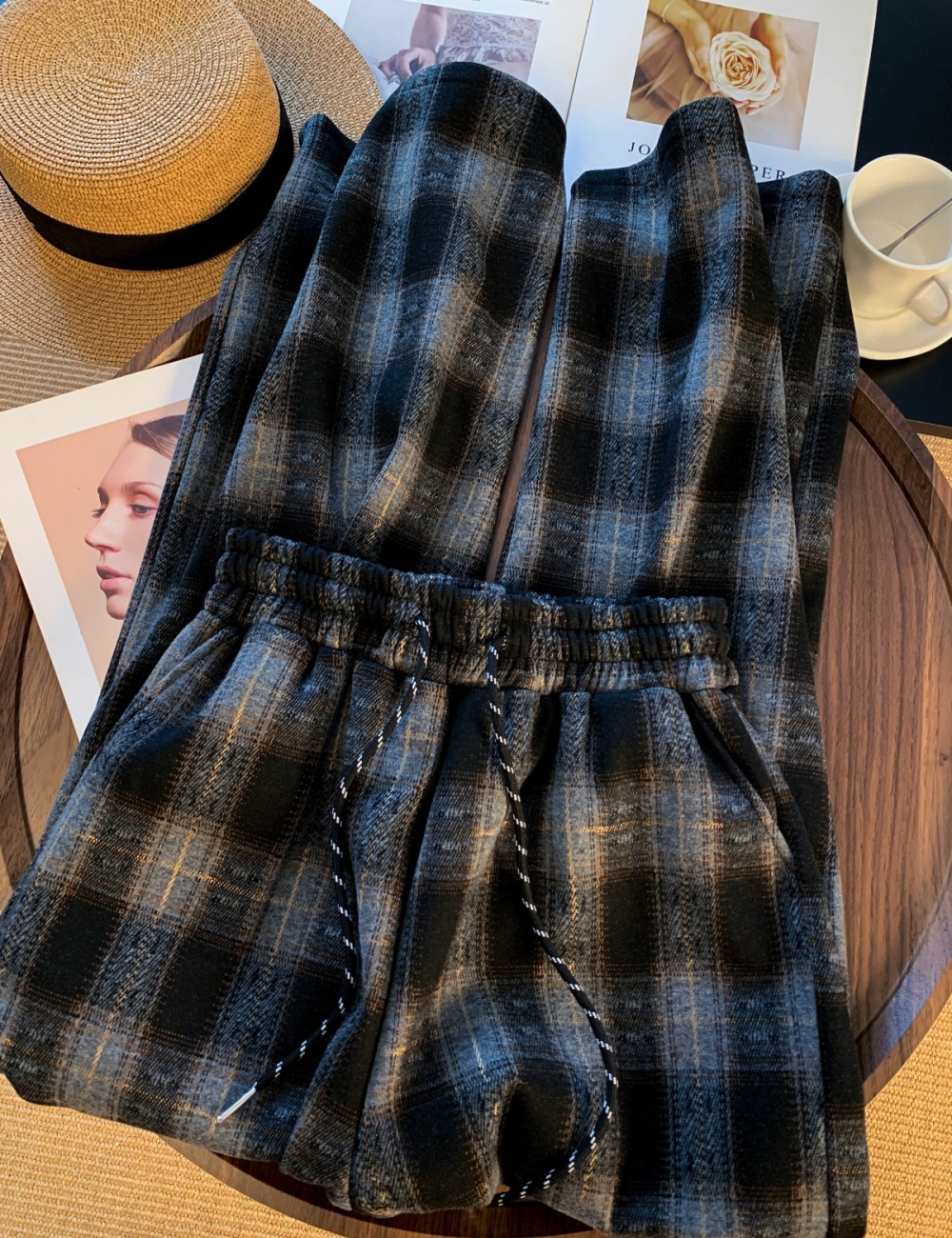 High waist loose wide leg pants thick plaid casual pants for women