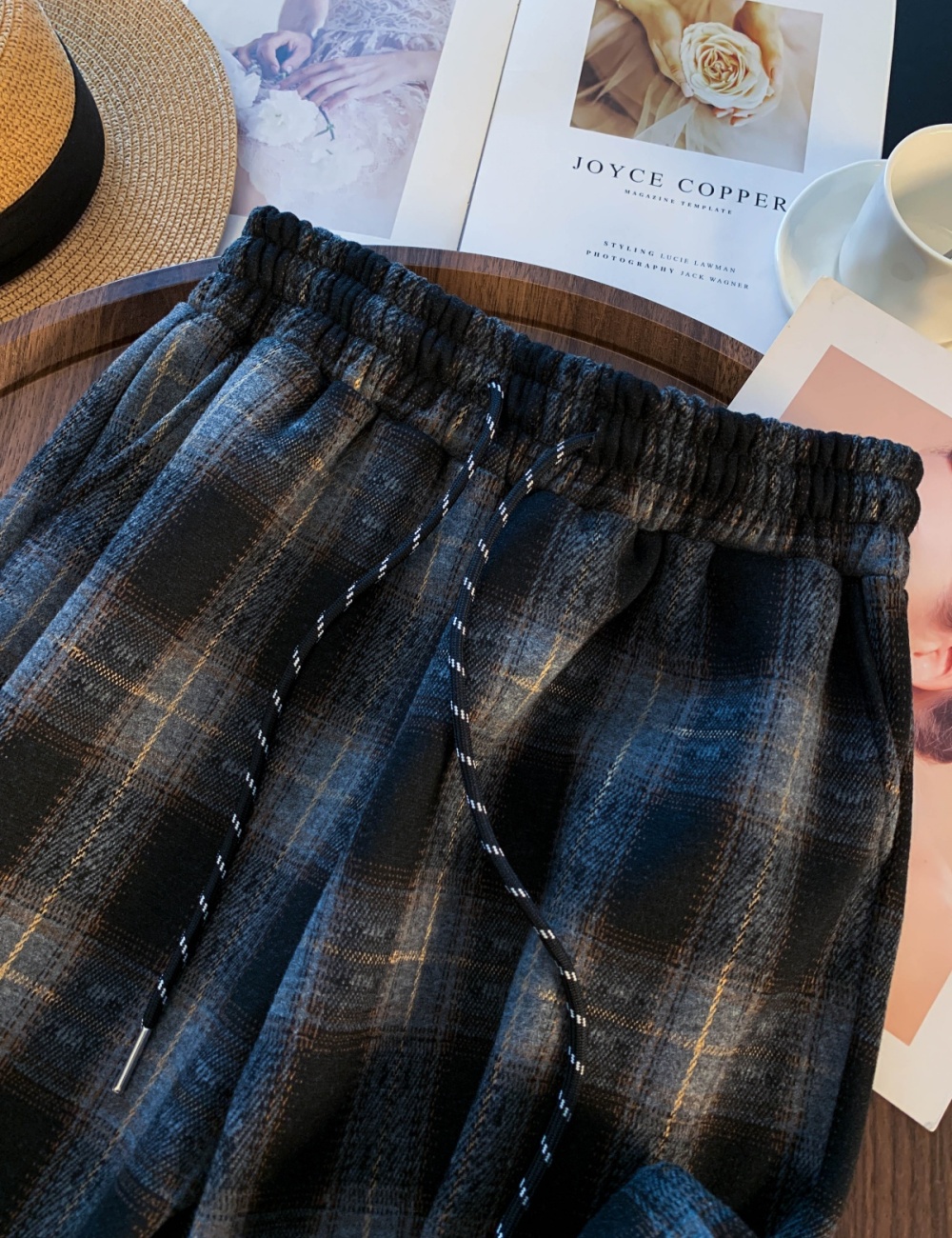 High waist loose wide leg pants thick plaid casual pants for women