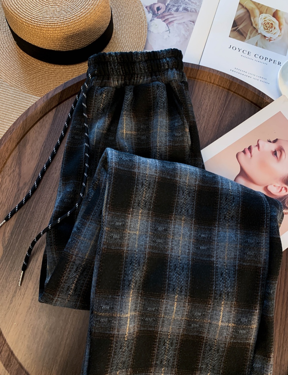 High waist loose wide leg pants thick plaid casual pants for women