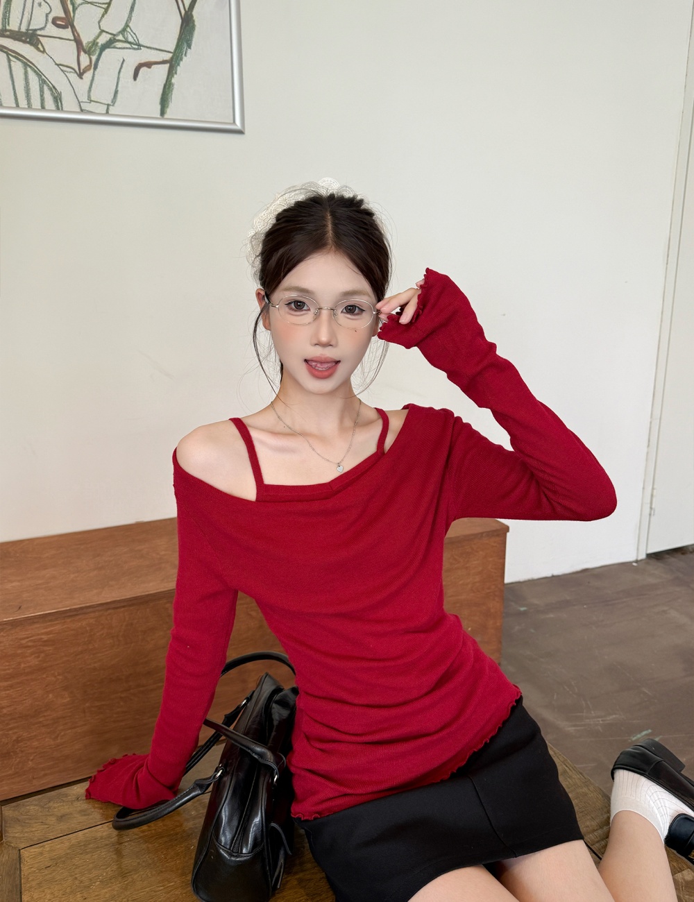 Apricot sweater Pseudo-two tops for women