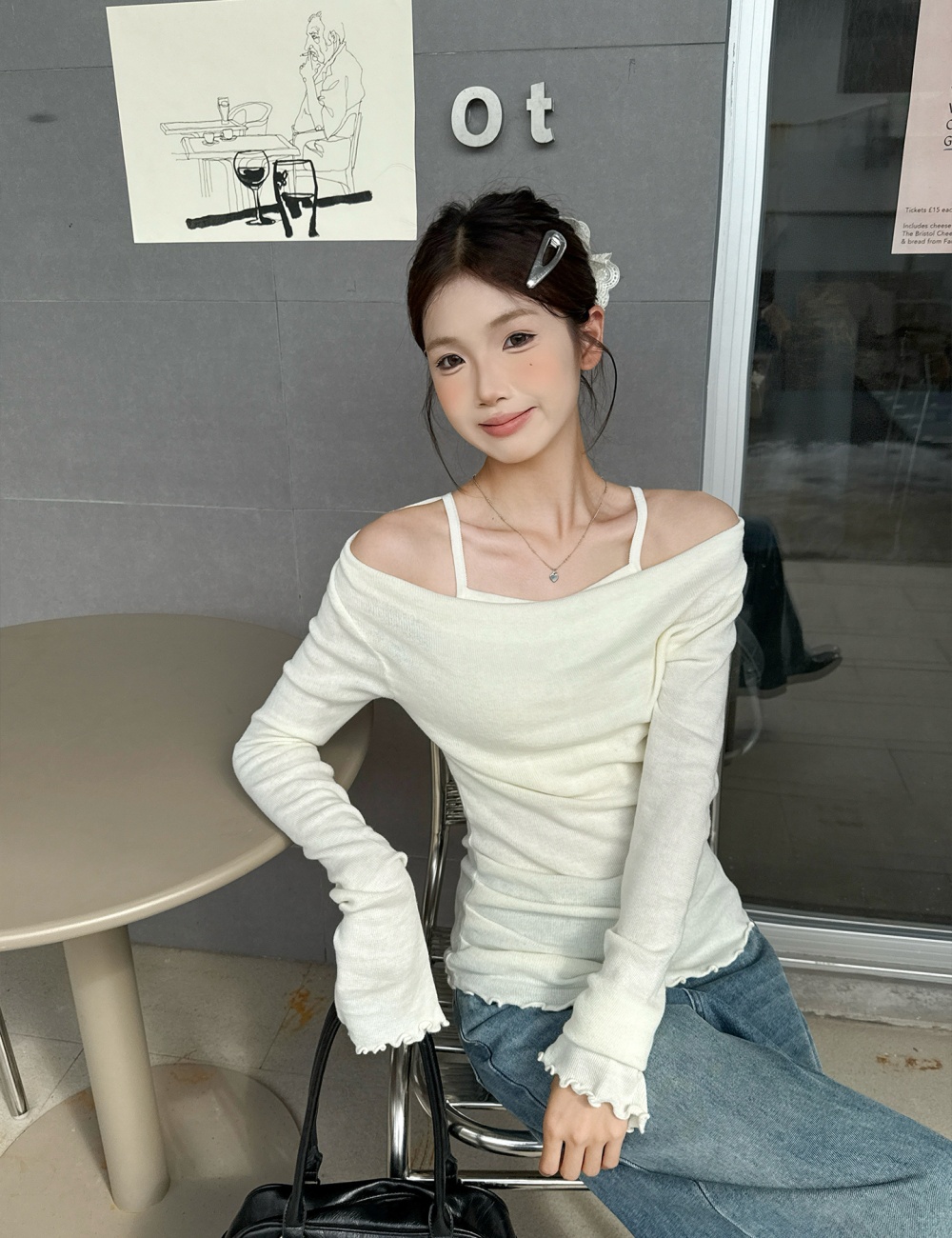 Apricot sweater Pseudo-two tops for women