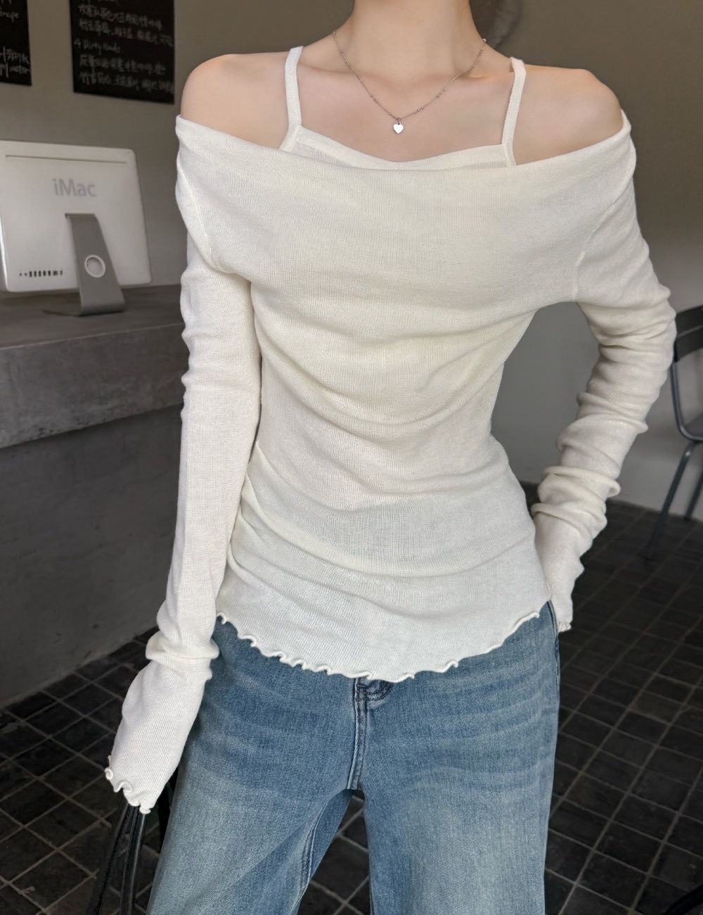 Apricot sweater Pseudo-two tops for women