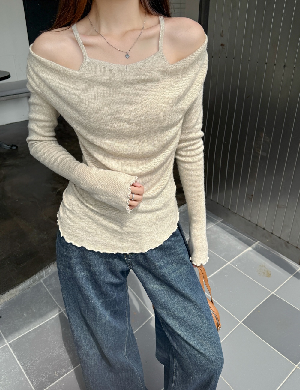 Apricot sweater Pseudo-two tops for women