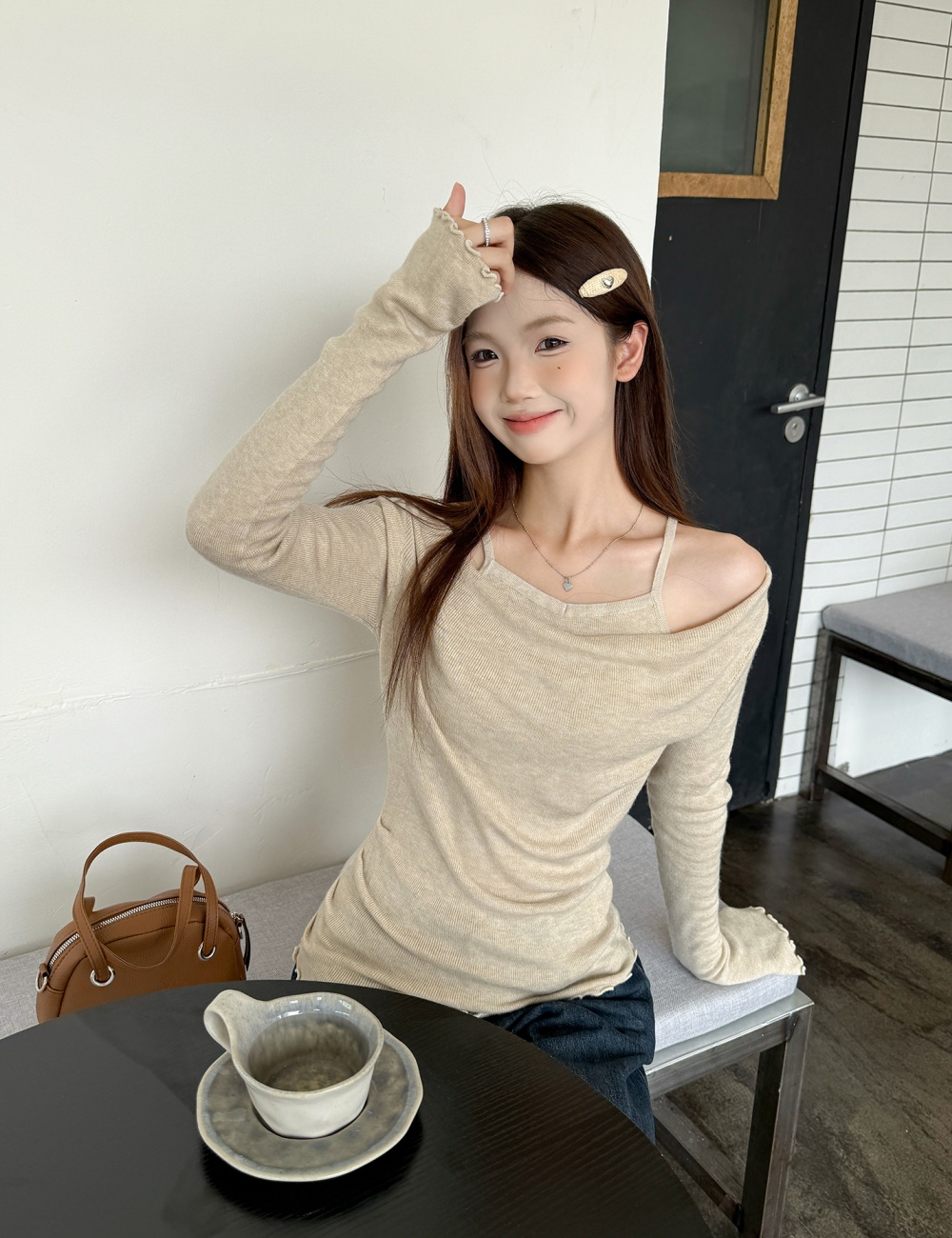 Apricot sweater Pseudo-two tops for women