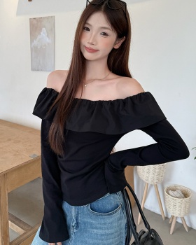 Flat shoulder fold T-shirt pinched waist autumn tops
