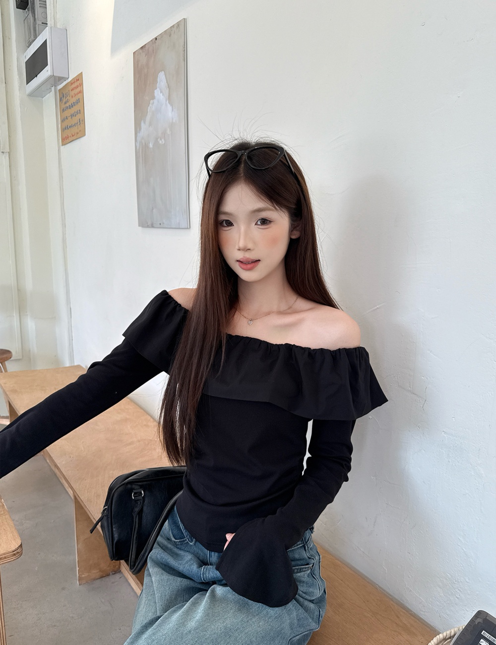 Flat shoulder fold T-shirt pinched waist autumn tops