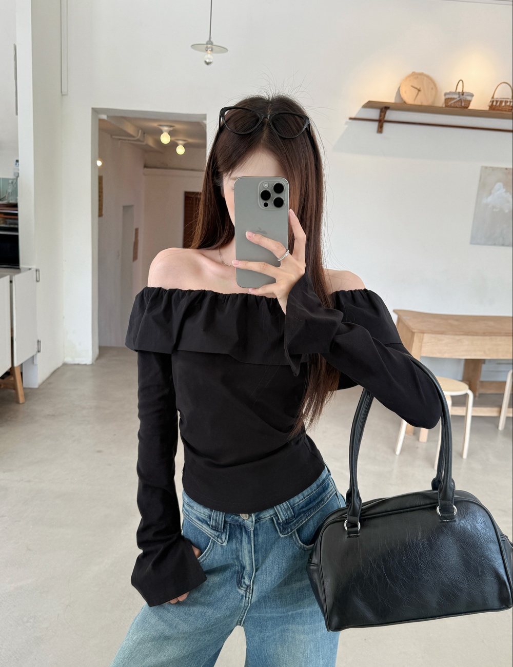 Flat shoulder fold T-shirt pinched waist autumn tops