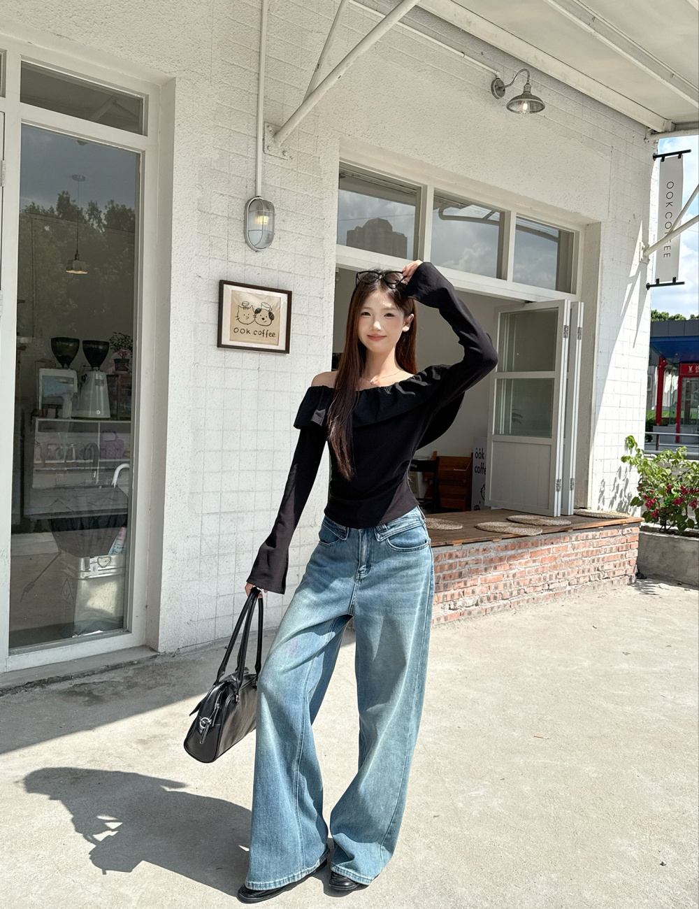 Flat shoulder fold T-shirt pinched waist autumn tops