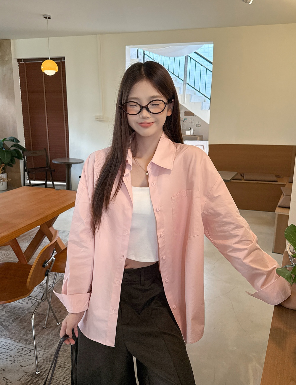 Autumn pink long coat Casual long sleeve shirt for women