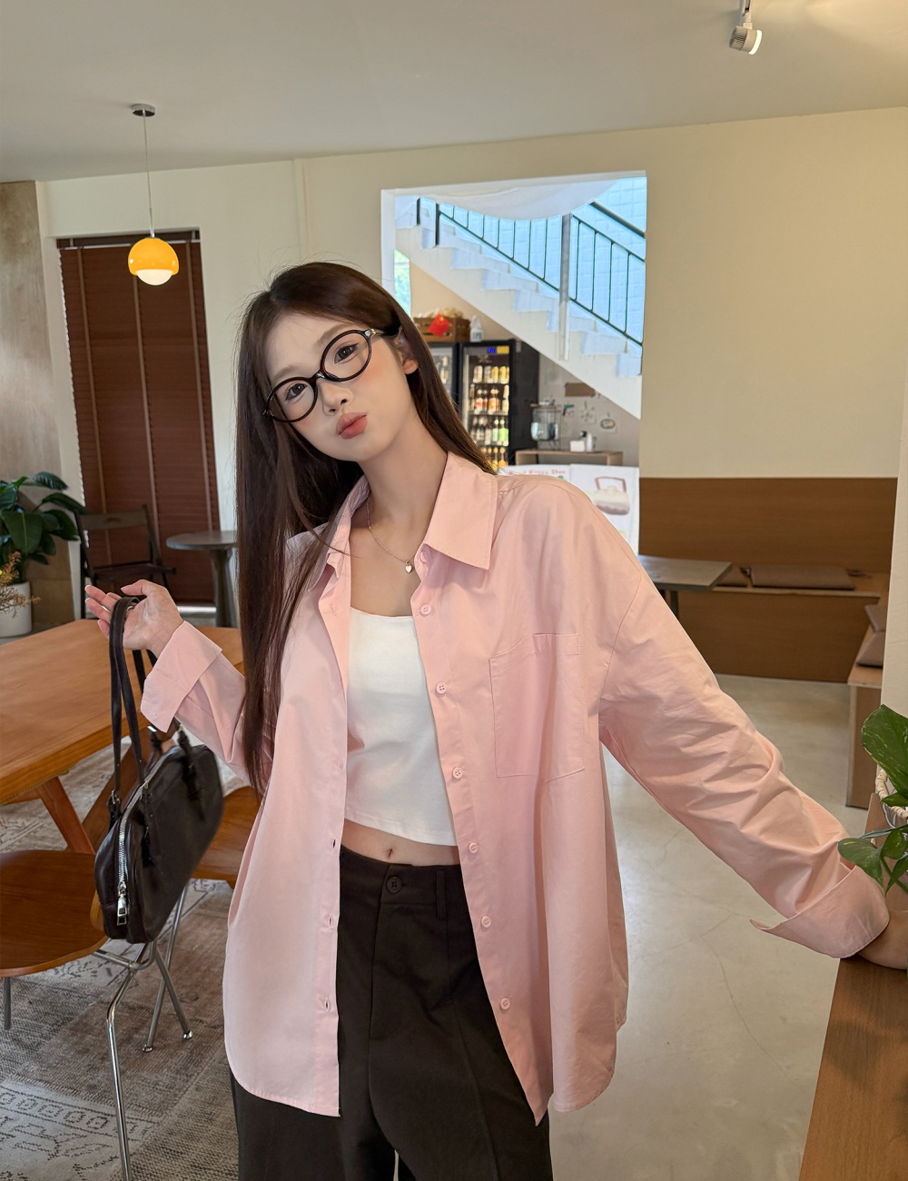 Autumn pink long coat Casual long sleeve shirt for women
