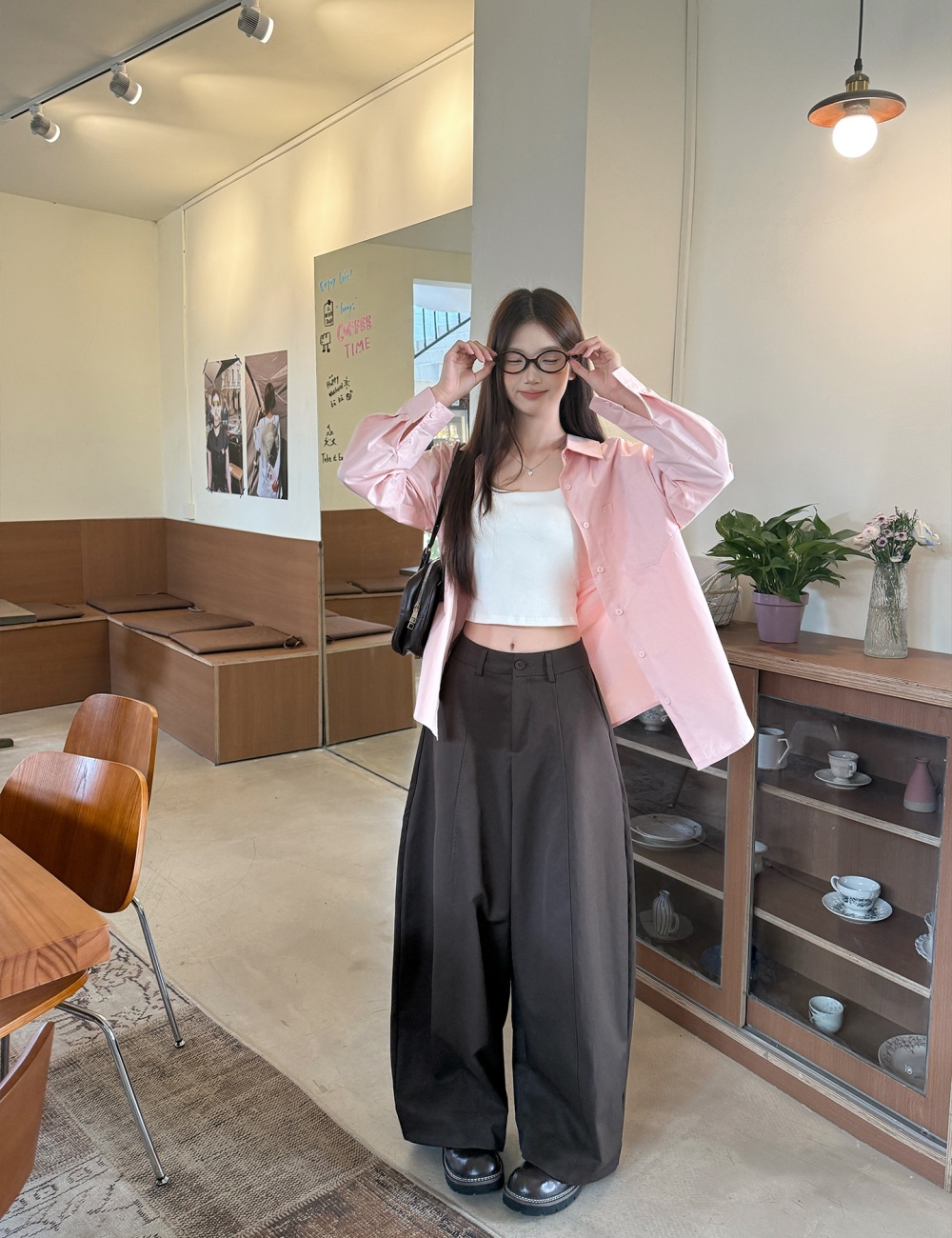Autumn pink long coat Casual long sleeve shirt for women