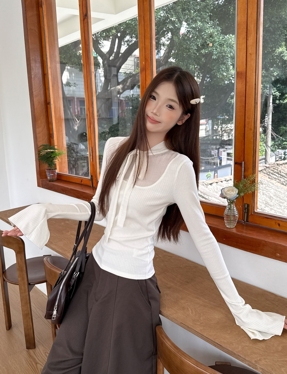 Apricot bottoming shirt autumn T-shirt for women