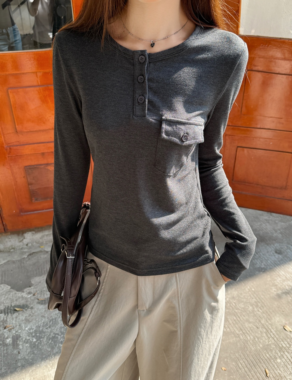 Pocket bottoming shirt long sleeve tops for women