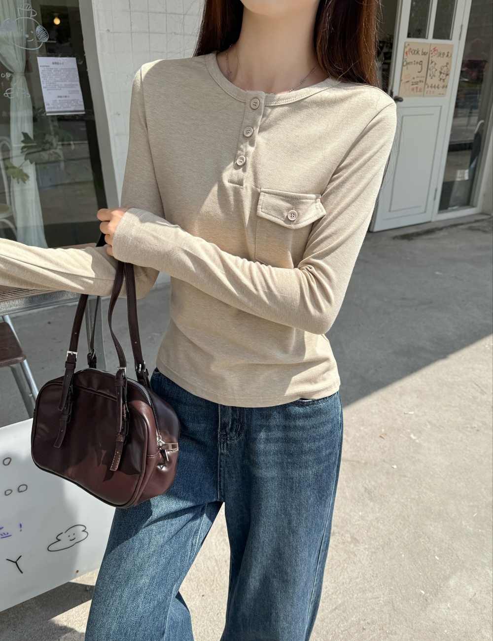 Pocket bottoming shirt long sleeve tops for women