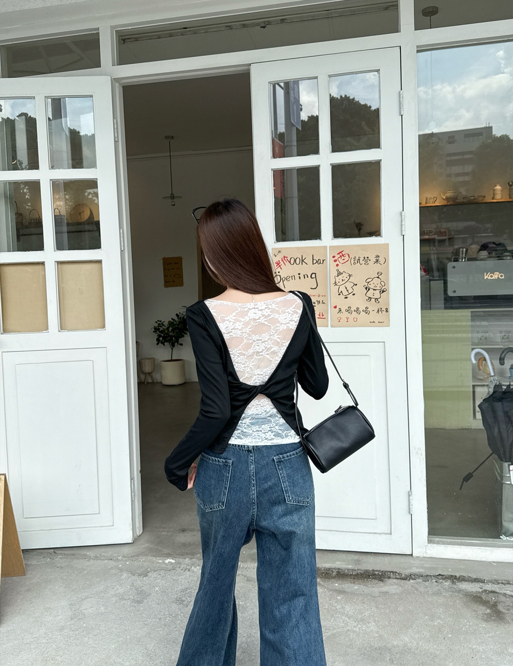 Back lace bottoming shirt black T-shirt for women
