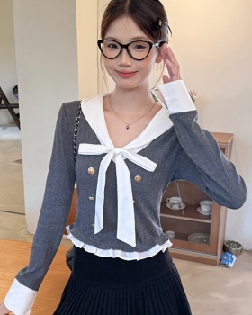 Autumn college style V-neck long sleeve sweater for women