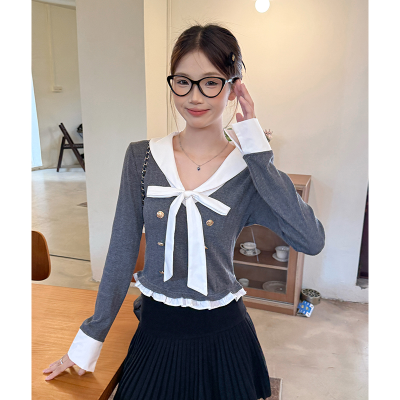 Autumn college style V-neck long sleeve sweater for women