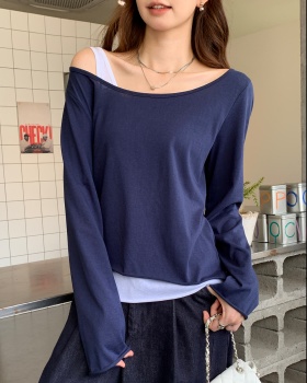 Pseudo-two thin large collar T-shirt for women