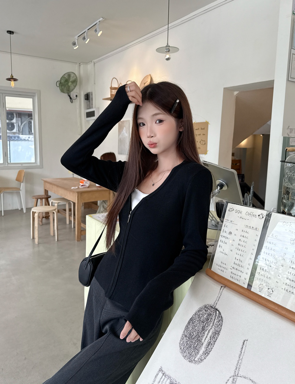 Black zip coat inside the ride long sleeve cardigan