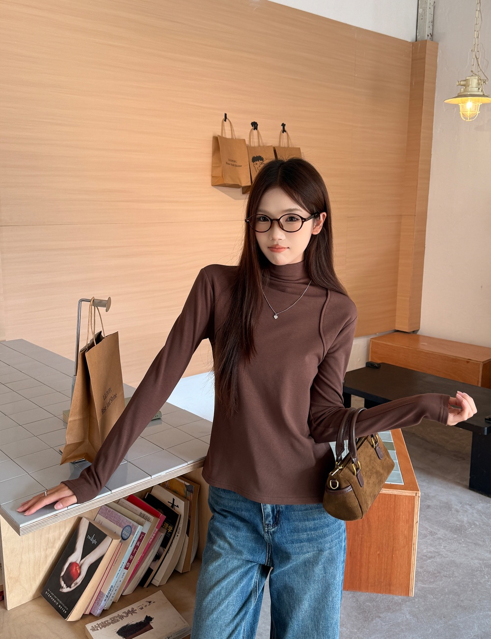 Western style slim bottoming shirt sueding tops for women