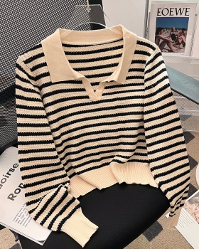 Autumn and winter lapel tops stripe sweater for women