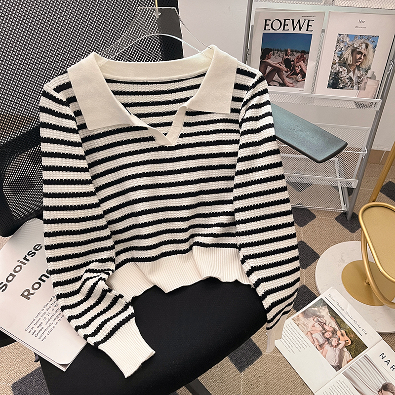 Autumn and winter lapel tops stripe sweater for women